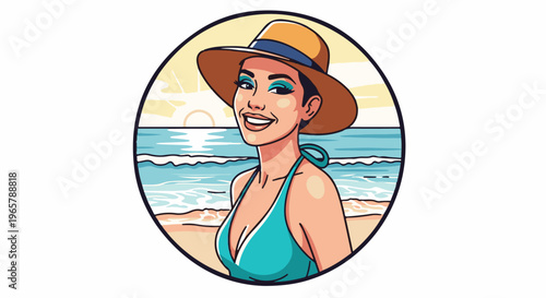 Joyful woman in a sun hat at the beach, waves and sun in background