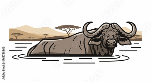 Large buffalo submerged in water with savanna landscape background
