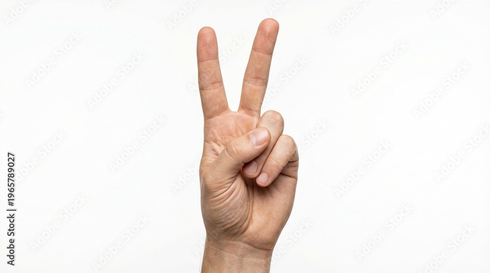Naklejka premium A hand shows two fingers up in a gesture of peace or victory.