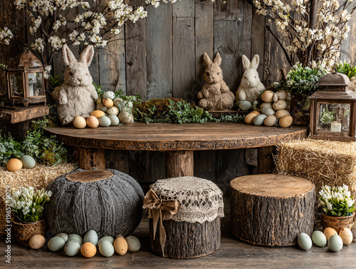 A rustic Easter-themed stage features plush bunnies, wicker baskets of eggs, hay bales, and blooming white blossom trees, framed by a wooden arch draped in greenery and white fabric, creating a cozy, 