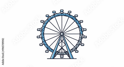Large Ferris wheel with a blue rim, white spokes, and triangular support structure