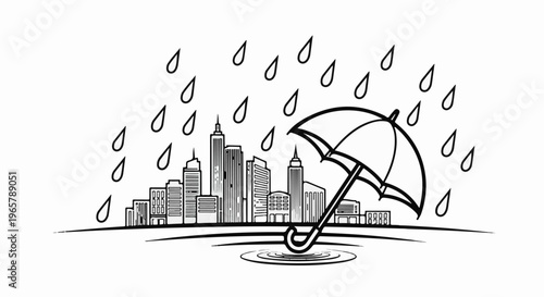 City skyline with rain and umbrella