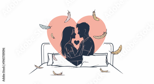 Couple embracing on a bed with feathers floating around heart