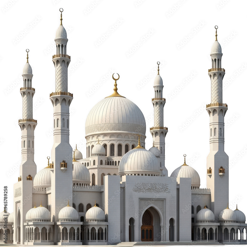 Obraz premium An ornate white mosque building featuring multiple tall minarets and a large central dome structure