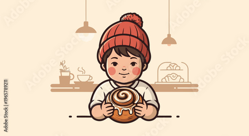 Cheerful child in knitted hat holding a sweet cinnamon roll at a cafe