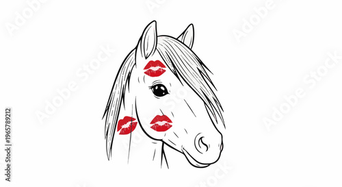 Horse with red lipstick kiss marks