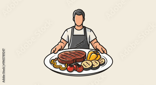 Chef presents grilled steak with colorful vegetables on a plate