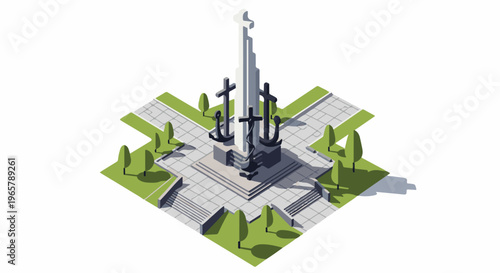 Isometric view of a monument with anchors and crosses surrounded by trees