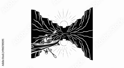 Kayaker navigates a reflective canyon with sunbursts
