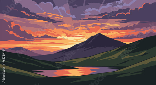 Pixel art sunset over mountains and a tranquil lake with vibrant clouds