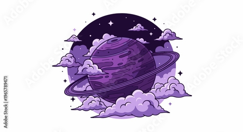 Purple planet with rings surrounded by pixelated clouds and stars