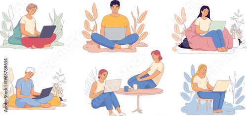 Flat minimalist illustration of people using laptops, remote work lifestyle, freelancers, online learning, home office, digital communication, modern workspace concept