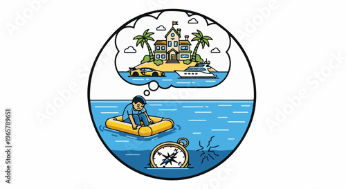 Sad man in raft dreams of luxury, stranded at sea with broken compass