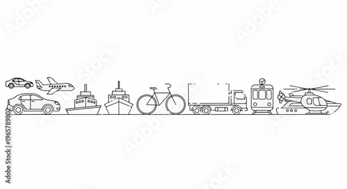 Collection of various transportation vehicles depicted as line art