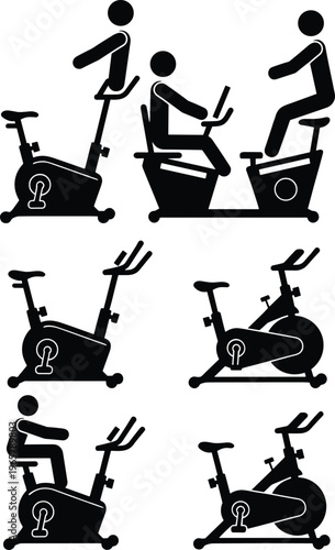 Set of black stationary exercise bike silhouettes featuring upright and recumbent cycles with stick figure people practicing indoor cycling for fitness, health, and gym workout.
