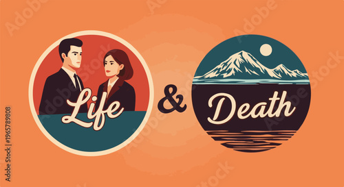 Stylized icons depict "Life" with a couple and "Death" with mountains and moon