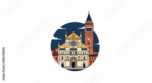 Stylized illustration of an Italian cathedral with a bell tower