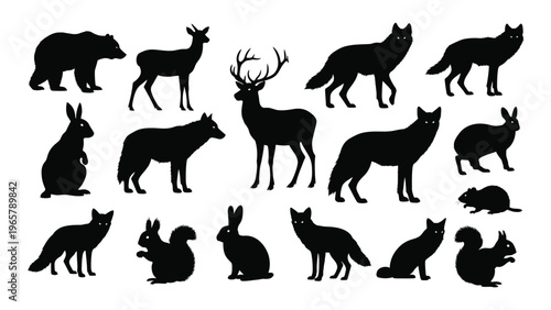 A collection of various north american wildlife animals depicted in stark black silhouettes offering a striking visual composition silhouette
