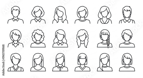Set of 20 diverse user avatar line icons for profile pictures