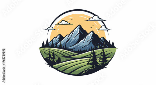 Stylized mountain vista with rolling green hills and trees under a sun