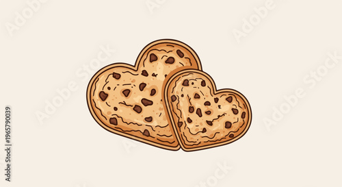 Two heart-shaped chocolate chip cookies on a light background