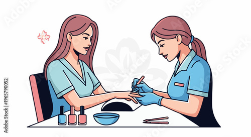 Two women engaged in a nail care session with bottles of polish
