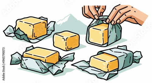 Wrapped butter squares and an unwrapped one with a mountain background