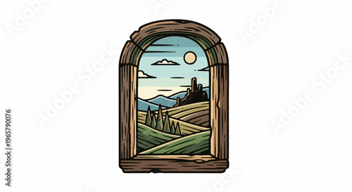 Rustic archway view of rolling hills, trees, and castle on horizon