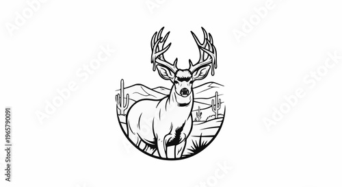 Majestic buck with large antlers stands in a desert landscape with cacti