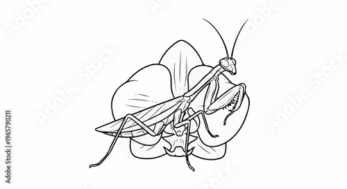 Detailed black and white drawing of a praying mantis on an orchid bloom