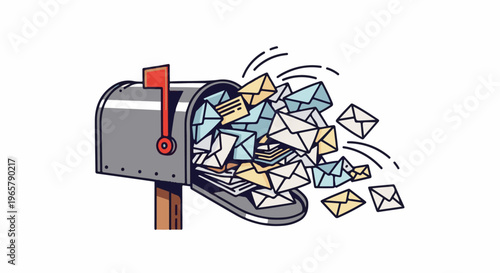 Overflowing mailbox with many letters spilling out and flying away