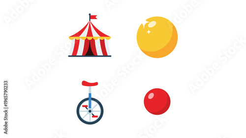 Classic circus-themed icons featuring a tent, ball, unicycle, and sphere.