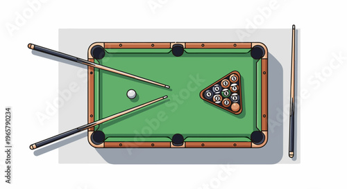 Overhead view of a pool table with balls racked and cues at the ready