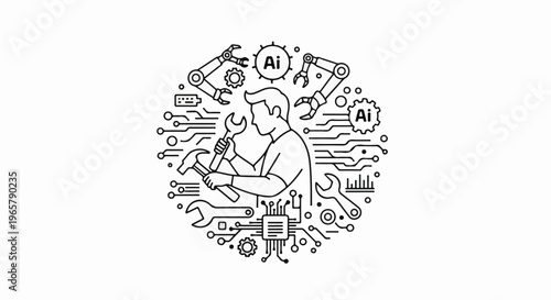 Person with tools surrounded by circuit boards and robotic arms