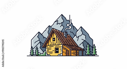 Cozy log cabin nestled against jagged mountain peaks with pine trees