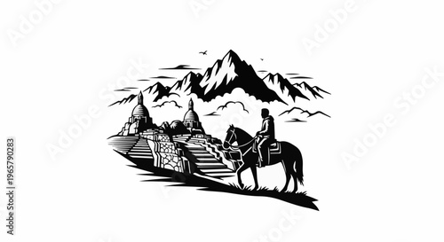 Person on horseback approaches ancient temples nestled amid mountains and clouds