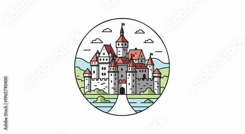 Ornate castle with red roofs and flags stands behind water and trees