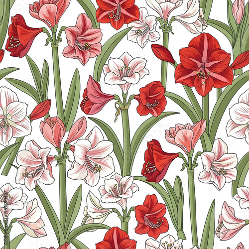 Beautiful floral pattern featuring vibrant red and white amaryllis flowers.