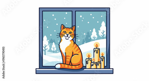 Orange cat sits on windowsill with burning candles during a winter snowfall