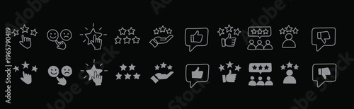 A set of white icons on a black background representing social media feedback and ratings