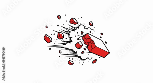 Fragmented red crystal cluster in motion, with motion lines and dots