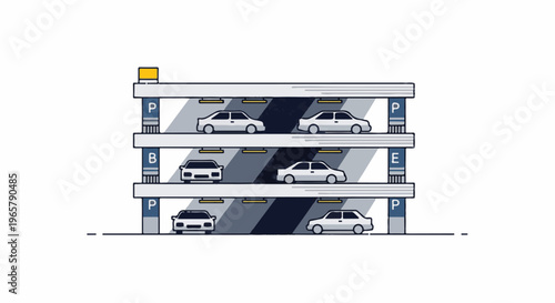 Multi-level parking garage with six cars and signage