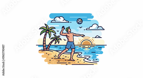 Man plays volleyball on a sandy beach at sunset with palm trees
