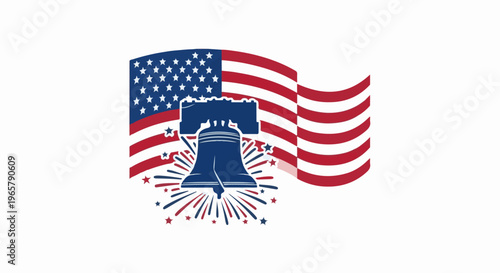 Iconic liberty bell on US flag with patriotic fireworks