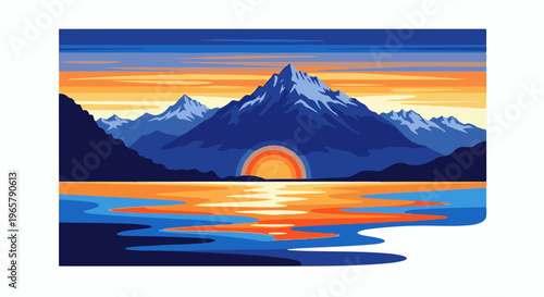 Pixel art mountain landscape at sunset with colorful sky and water reflection
