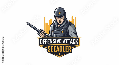 Fierce soldier with helmet and sword, city skyline behind