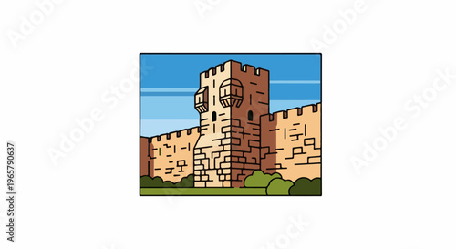 Pixelated fortress with tower and battlements under a blue sky