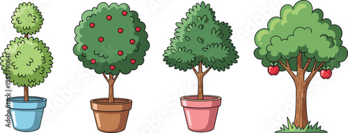 Vector Illustrations of Trees in Pots and Apple Trees