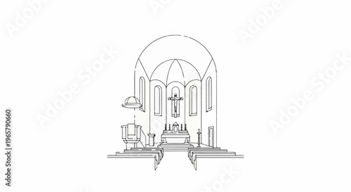 Interior view of a church, showing pews, altar, and crucifix in a sketch style