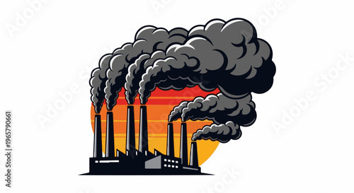 Industrial factory smokestacks emitting large plumes of dark smoke
